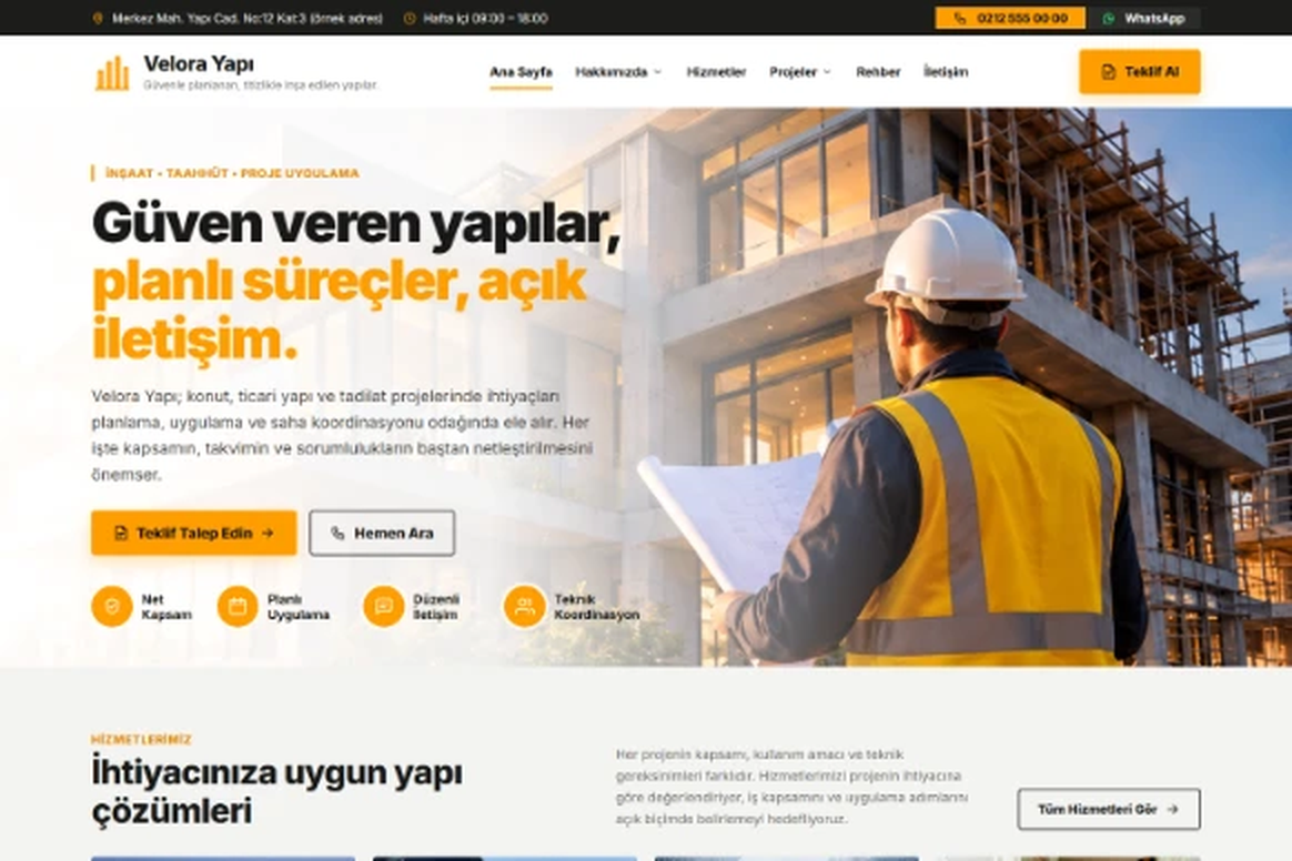 İnşaat ve Taahhüt Firması için Hazır Web Sitesi — Teklif Formlu